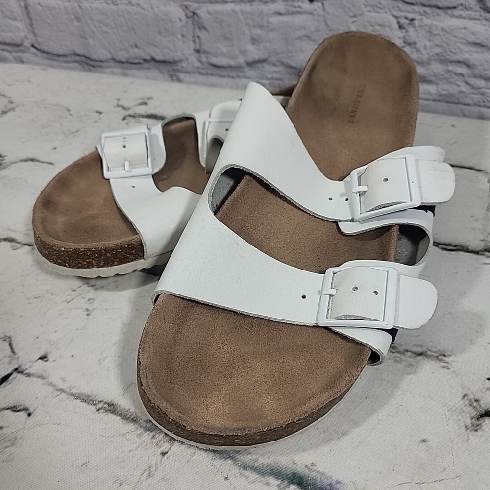Lands End White Nautical Womens 8B Leather Buckle Molded Slide Sandal Yacht